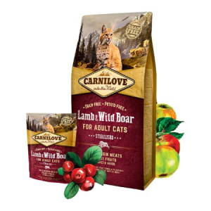 CARNILOVE CAT STERILISED LAMB & BOAR sausā kaķu barība Jērs, mežacūka 6kg